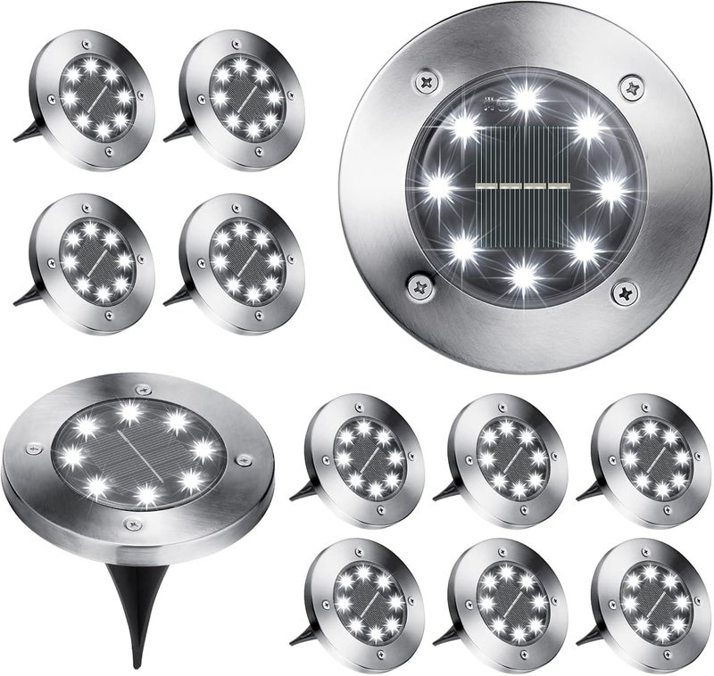BRIZLER Solar Ground Lights, 12 Pack 8 LED In-Ground Lights, Waterproof Solar Disk Light Garden Lighting Outdoor Landscape Lighting Disc Light for Pathway Lawn Yard Driveway Walkway, Cool White - Image 1